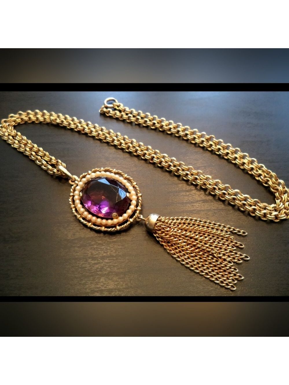 AVON AMETHYST GLASS & PEARL 28" NECKLACE VTG